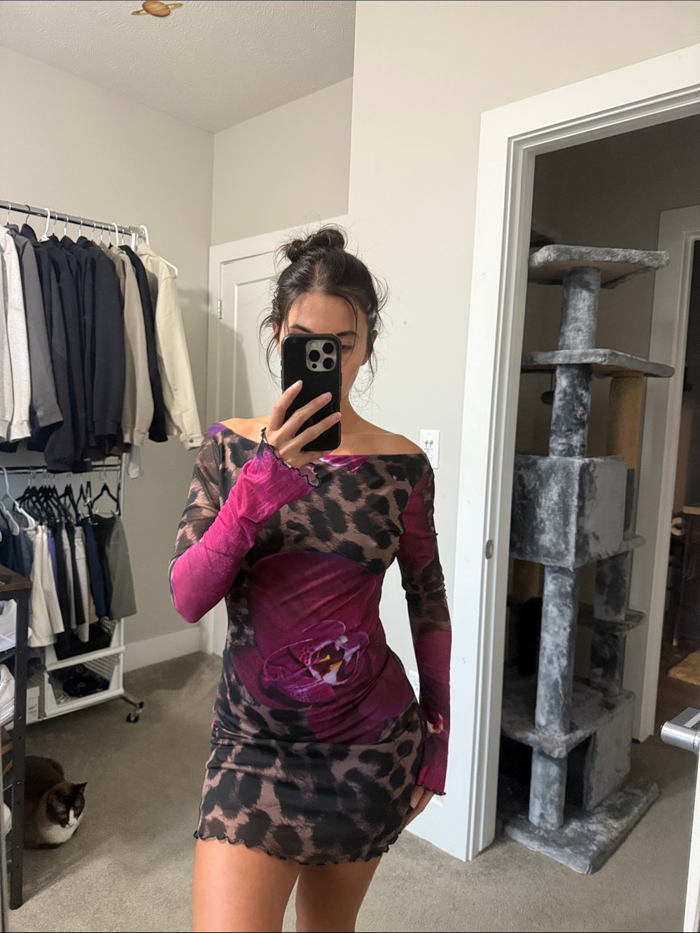 Windsor Pink Floral Leopard Off-Shoulder Mini Dress